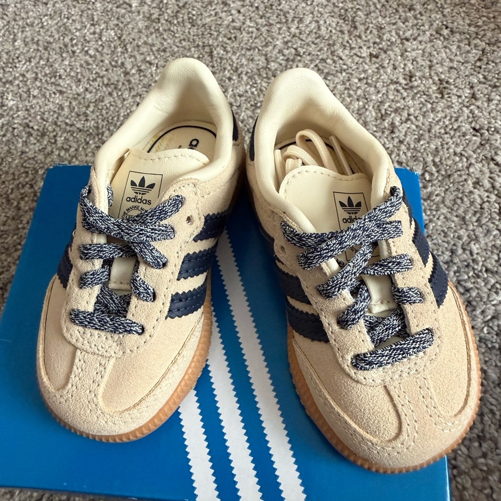 adidas Kids Beige Suede Sneakers with Navy Stripes
